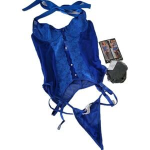 Y2k Escante Bustier Blue Mesh Corset G-String Stockings Set 3PC Coquette MED